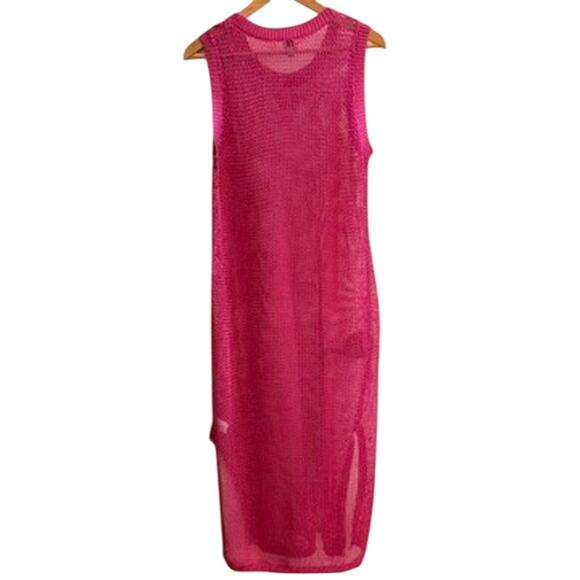 A New Day Hot Pink Metallic Mesh Knit Swim Cover Up Dress Sleeveless Maxi Size L - Picture 6 of 9